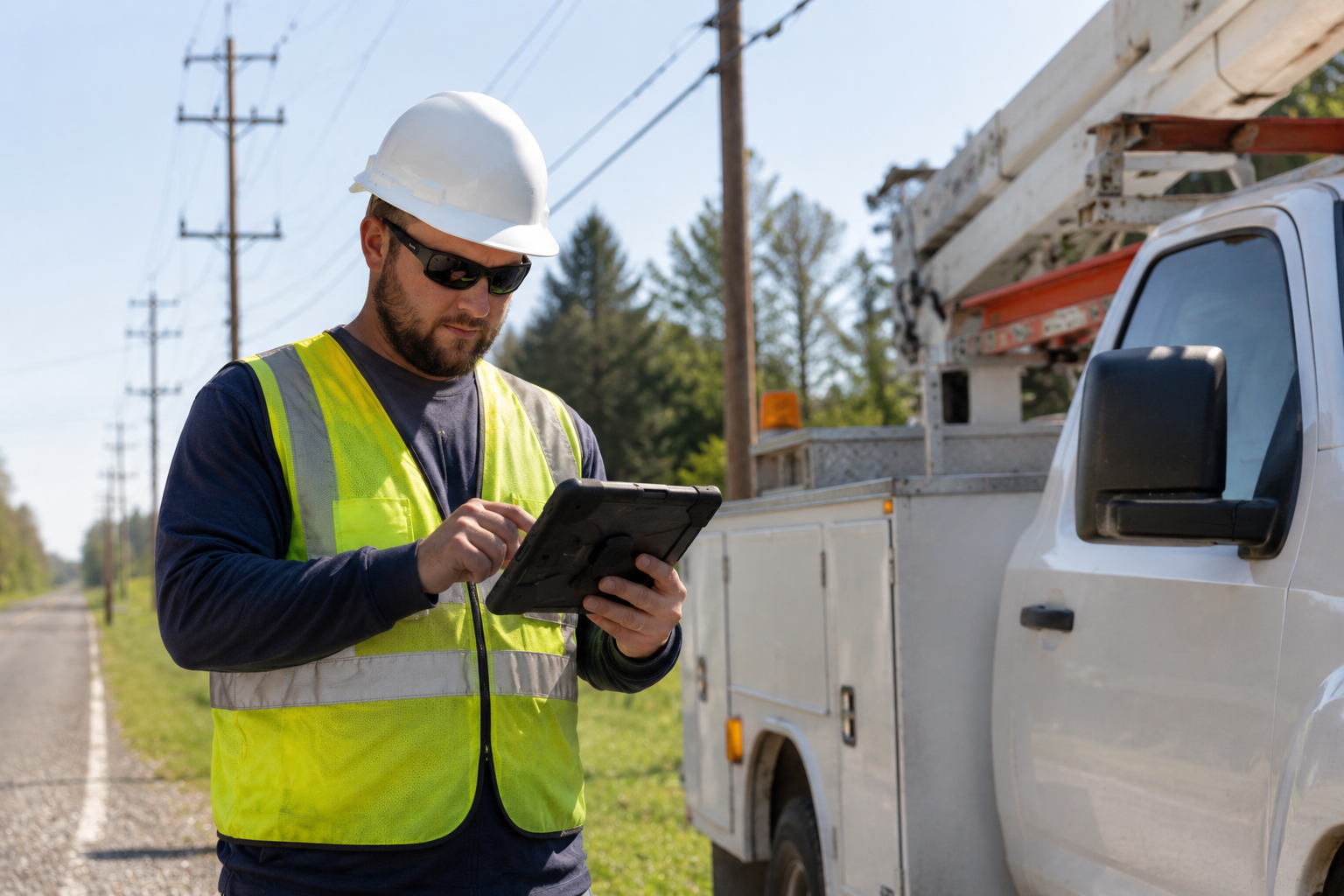 Utility technician using tablet in the field