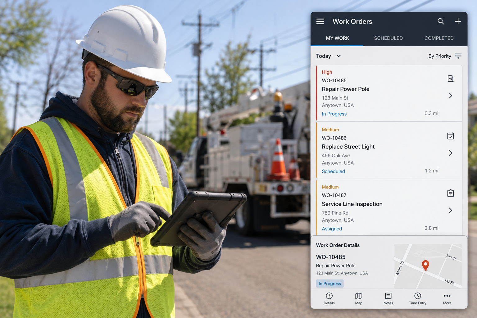 Utility technician using a tablet to manage mobile work orders
