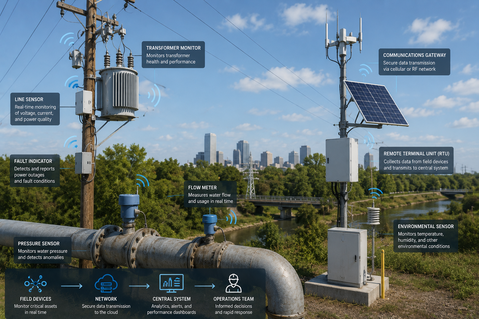 Utility asset monitoring equipment and infrastructure