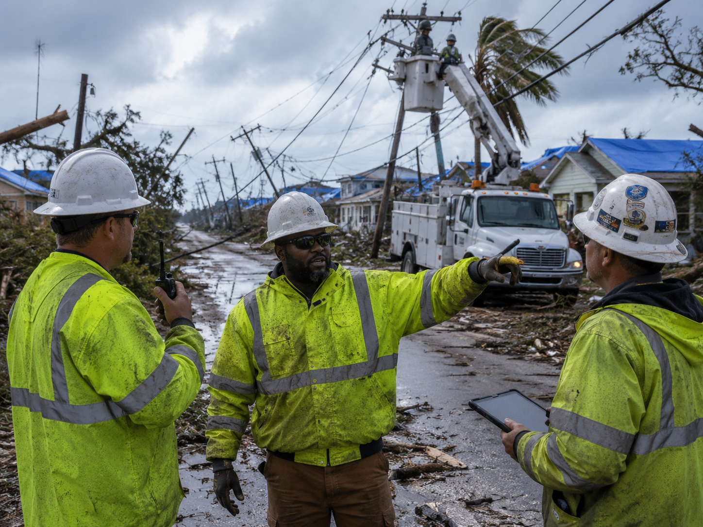 Utility field crew working near power infrastructure