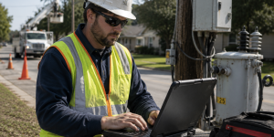 Utility technician collecting field data on a tablet