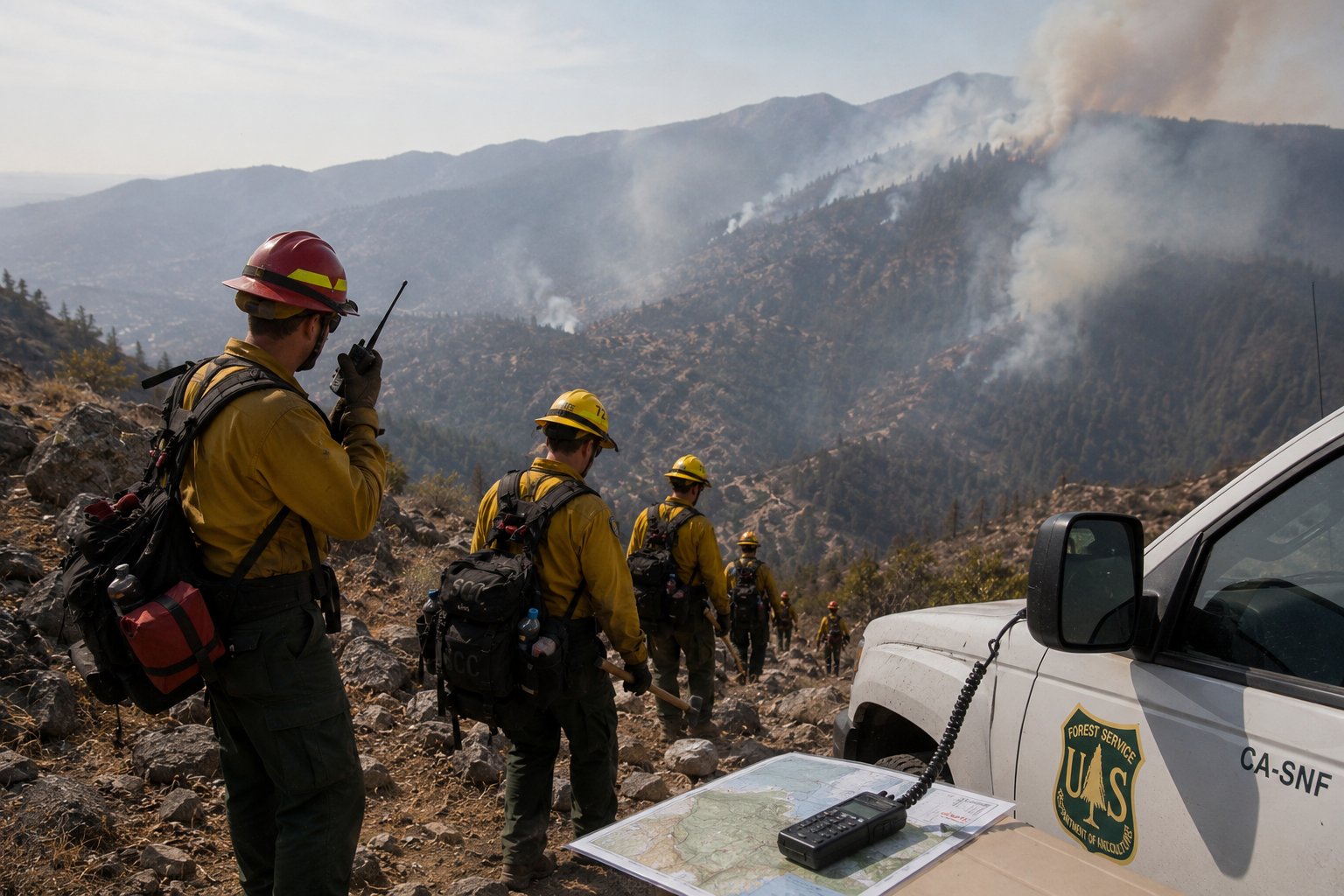 Wildland fire crew operating in remote terrain