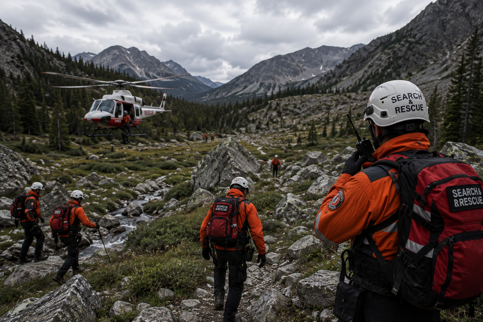 Search and rescue team operating in a remote area