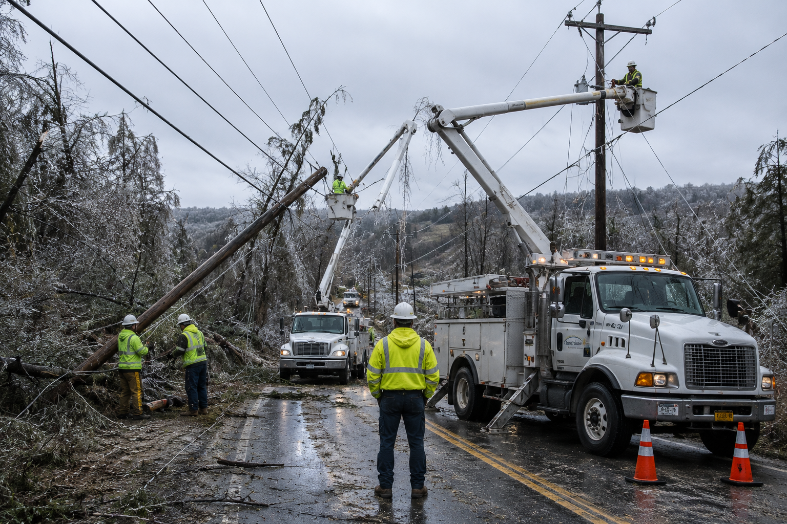 Utility crew restoring service after severe weather