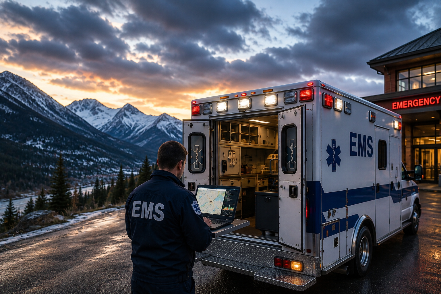 Healthcare professional using connected technology with ambulance and hospital connectivity