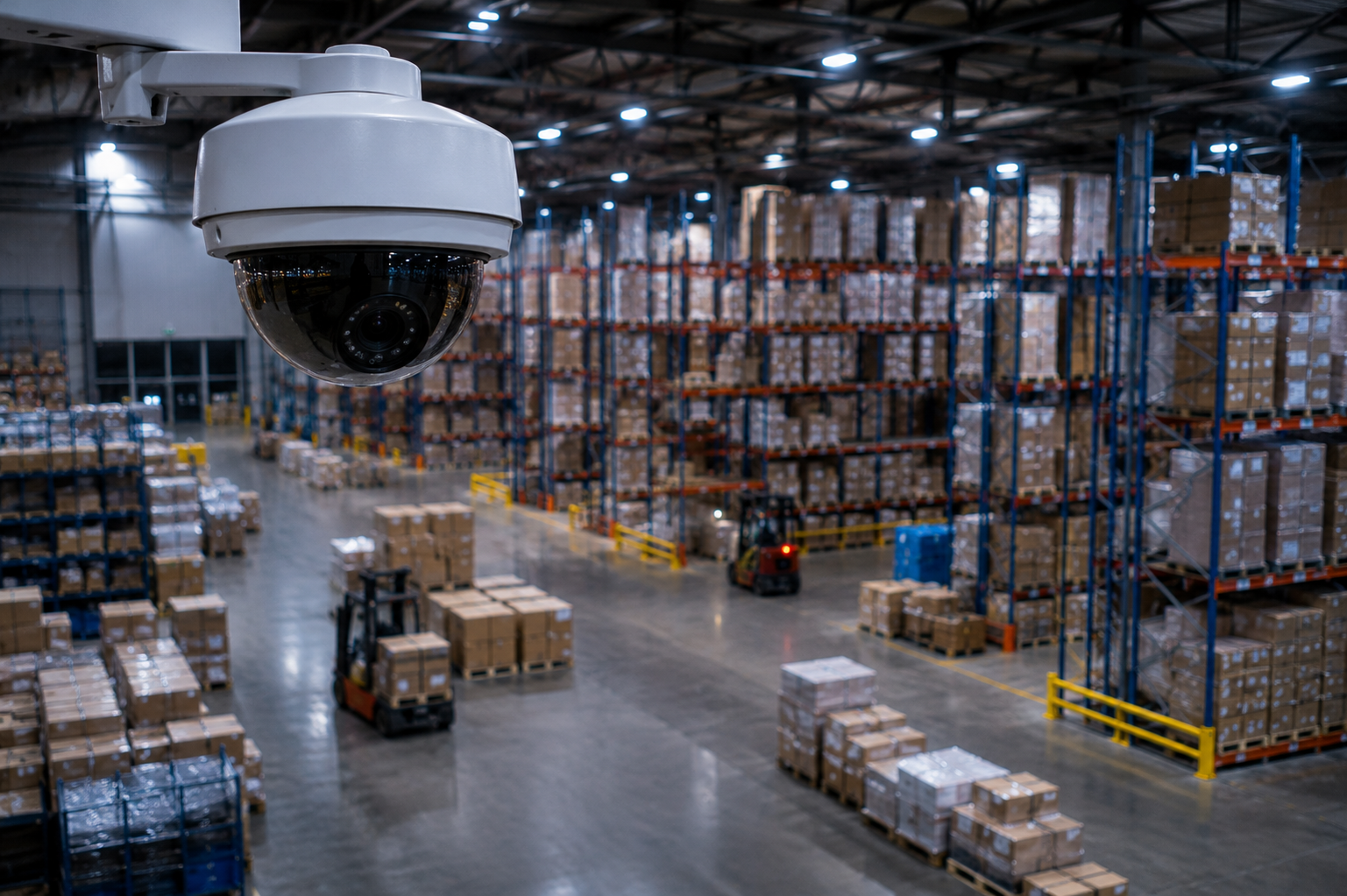 Security camera monitoring a warehouse environment