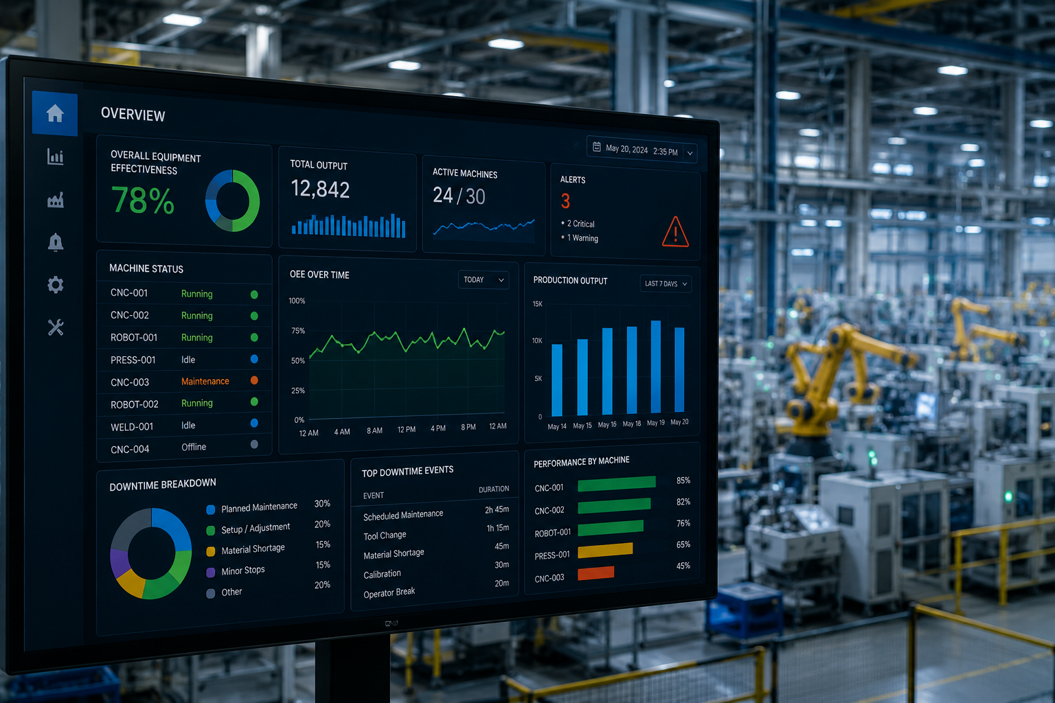 Digital manufacturing dashboard showing machine performance data