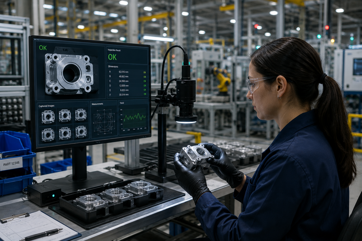 Quality control inspection station inside a manufacturing facility