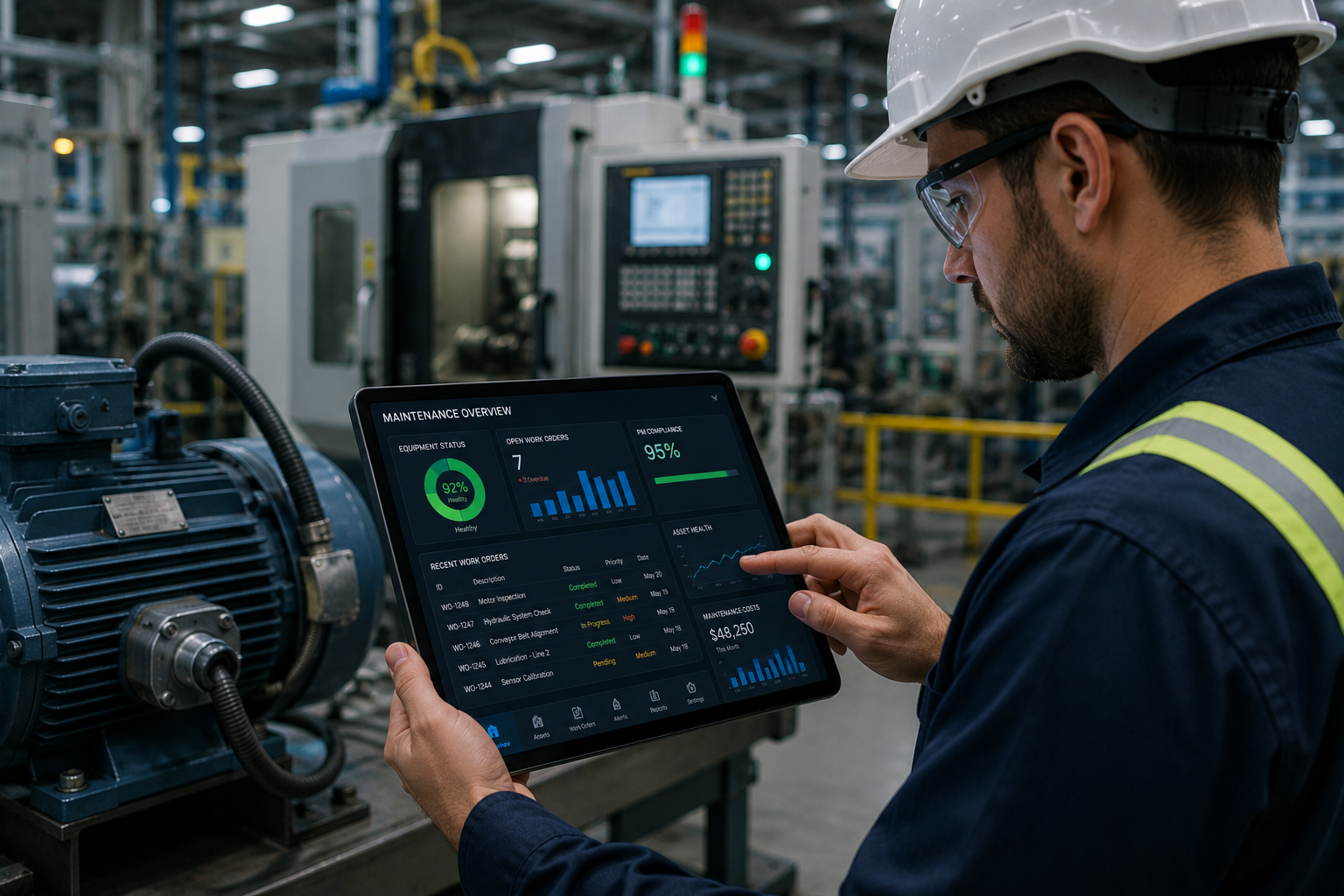 Technician reviewing equipment maintenance data on a tablet