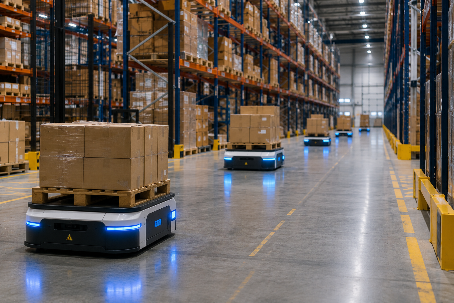 Autonomous guided vehicles moving through a warehouse