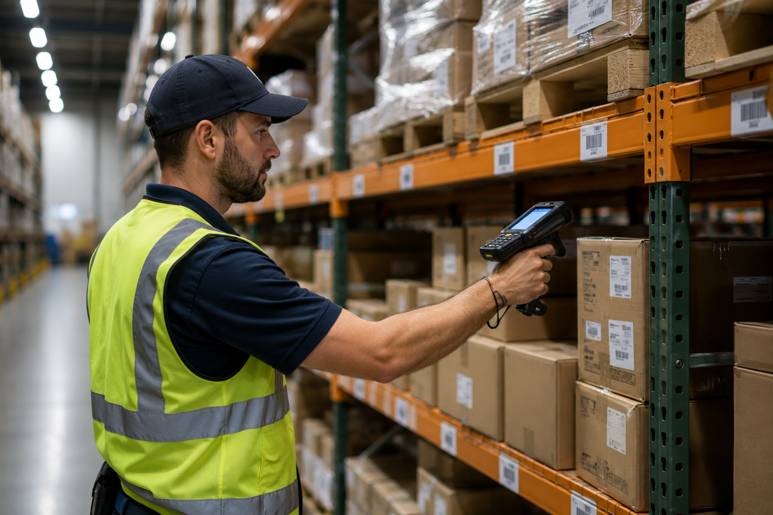 Warehouse worker using a handheld inventory scanner