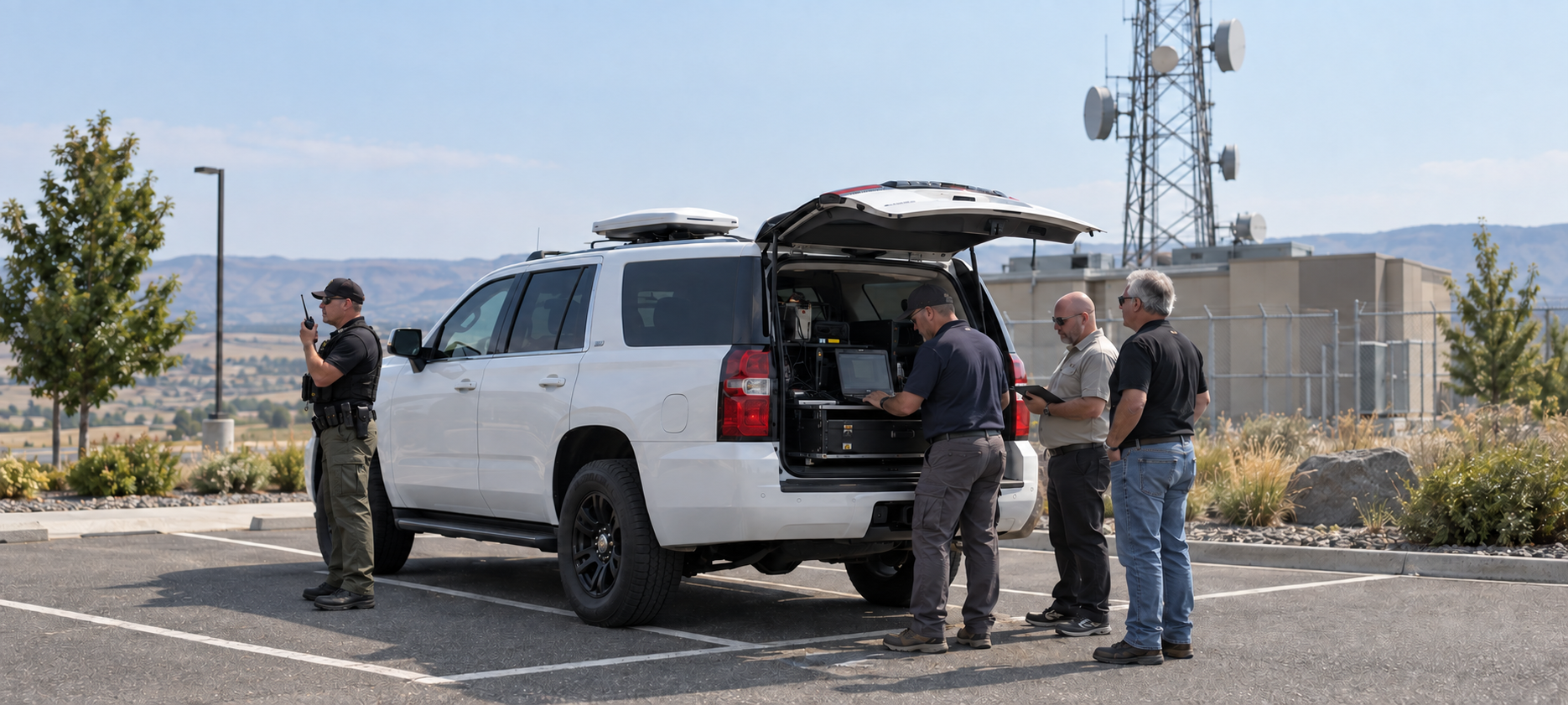 Public safety professionals testing radio and broadband connectivity from a connected response vehicle near a communications tower
