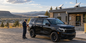 Black response SUV with a roof-mounted satellite antenna outside a facility equipped with two flat-panel satellite terminals.