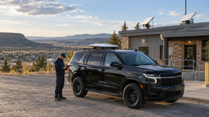 Black response SUV with a roof-mounted satellite antenna outside a facility equipped with two flat-panel satellite terminals.